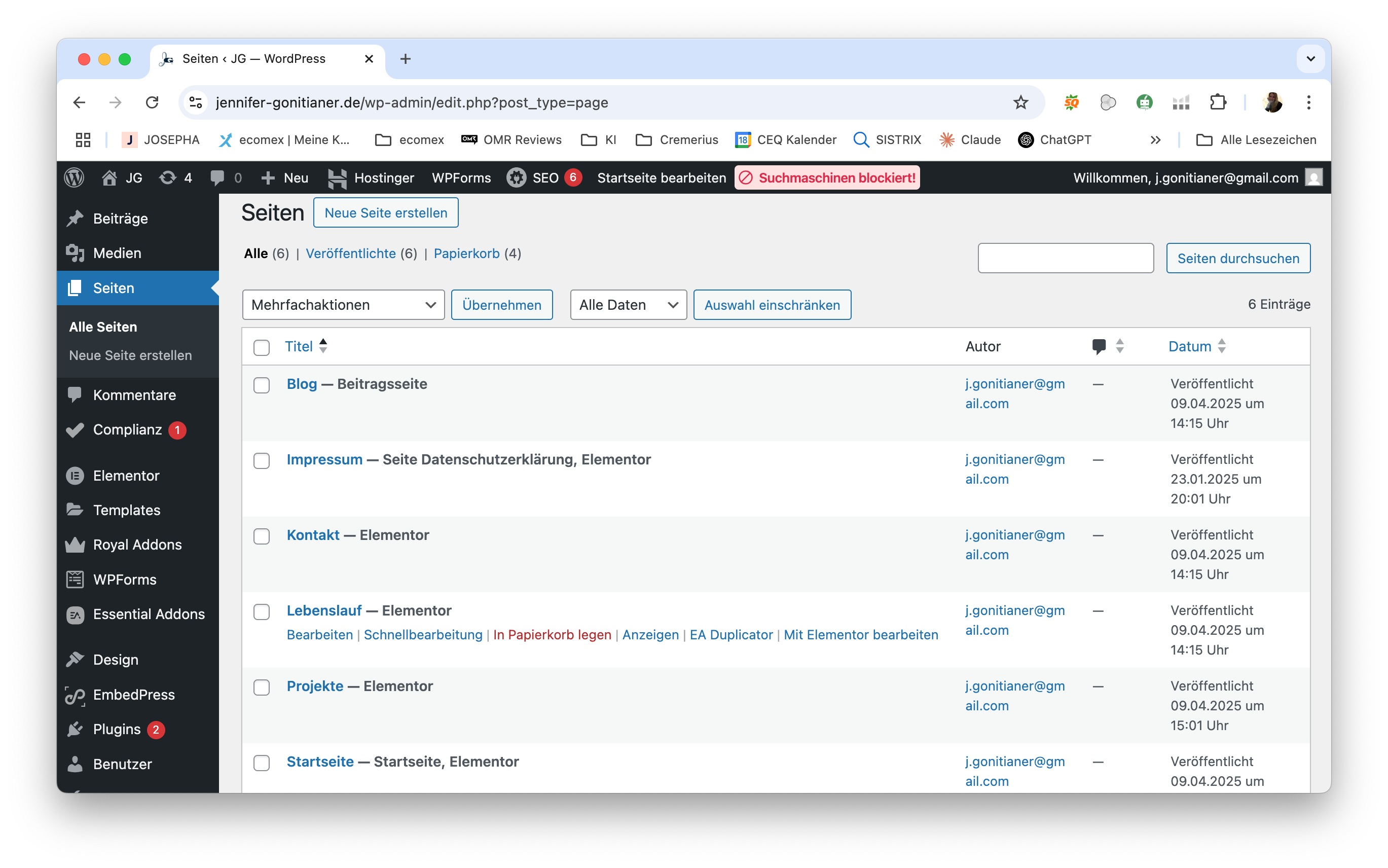 Wordpress Website jennifer-gonitianer.de Backend